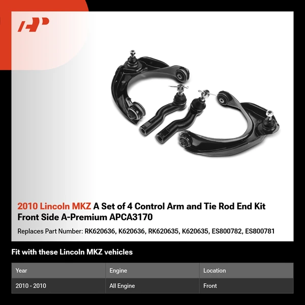 2010 Lincoln MKZ A Set of 4 Control Arm and Tie Rod End Kit Front Side A-Premium APCA3170
