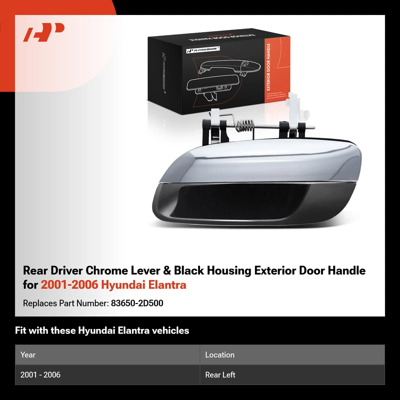 Rear Driver Chrome Lever & Black Housing Exterior Door Handle for 2001-2006 Hyundai Elantra