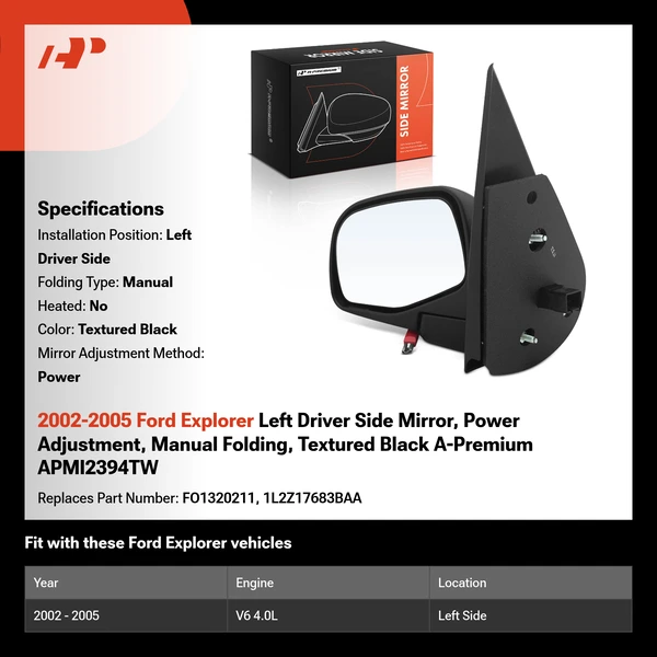 2002-2005 Ford Explorer Left Driver Side Mirror, Power Adjustment, Manual Folding, Textured Black A-Premium APMI2394TW