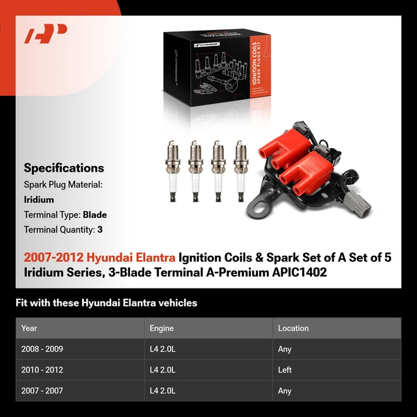 2007-2012 Hyundai Elantra Ignition Coils & Spark Set of A Set of 5 Iridium Series, 3-Blade Terminal A-Premium APIC1402