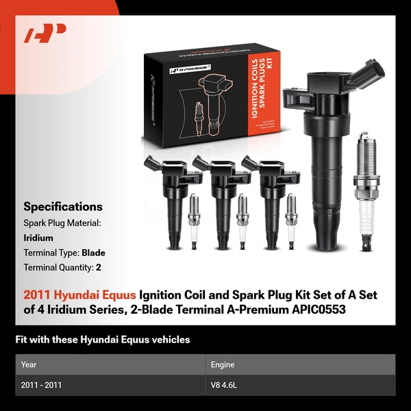 2011 Hyundai Equus Ignition Coil and Spark Plug Kit Set of A Set of 4 Iridium Series, 2-Blade Terminal A-Premium APIC0553