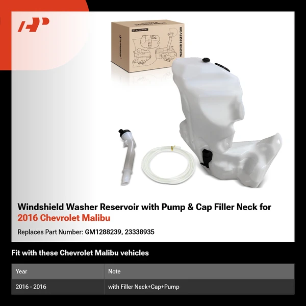 Windshield Washer Reservoir with Pump & Cap Filler Neck for 2016 Chevrolet Malibu