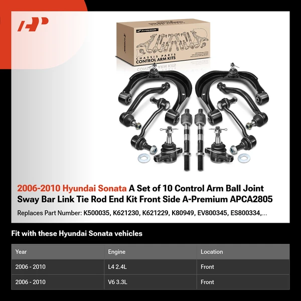 2006-2010 Hyundai Sonata A Set of 10 Control Arm Ball Joint Sway Bar Link Tie Rod End Kit Front Side A-Premium APCA2805