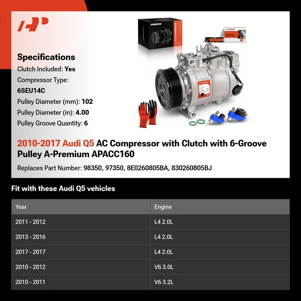 2010-2017 Audi Q5 AC Compressor with Clutch with 6-Groove Pulley A-Premium APACC160