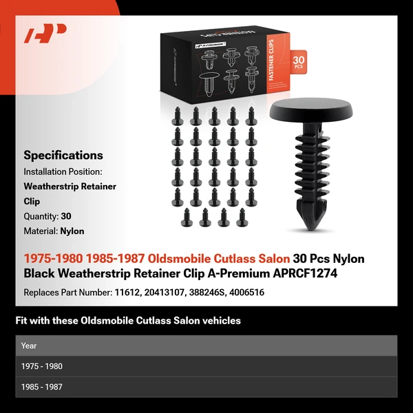 1975-1980 1985-1987 Oldsmobile Cutlass Salon 30 Pcs Nylon Black Weatherstrip Retainer Clip A-Premium APRCF1274