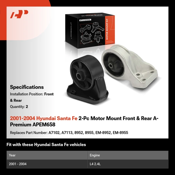 2001-2004 Hyundai Santa Fe 2-Pc Motor Mount Front & Rear A-Premium APEM658