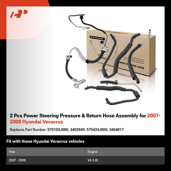 2 Pcs Power Steering Pressure & Return Hose Assembly for 2007-2008 Hyundai Veracruz