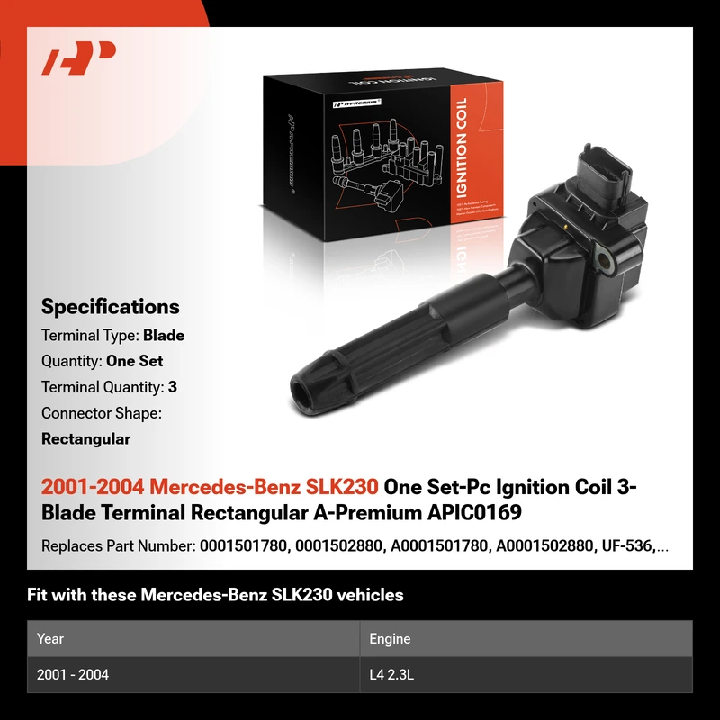 2001-2004 Mercedes-Benz SLK230 One Set-Pc Ignition Coil 3-Blade Terminal Rectangular A-Premium APIC0169