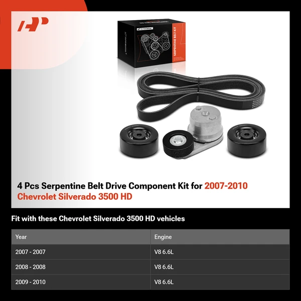 4 Pcs Serpentine Belt Drive Component Kit for 2007-2010 Chevrolet Silverado 3500 HD