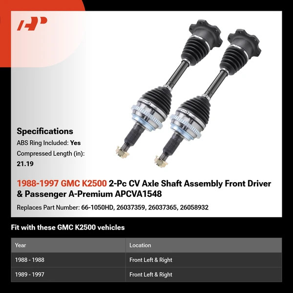 1988-1997 GMC K2500 2-Pc CV Axle Shaft Assembly Front Driver & Passenger A-Premium APCVA1548