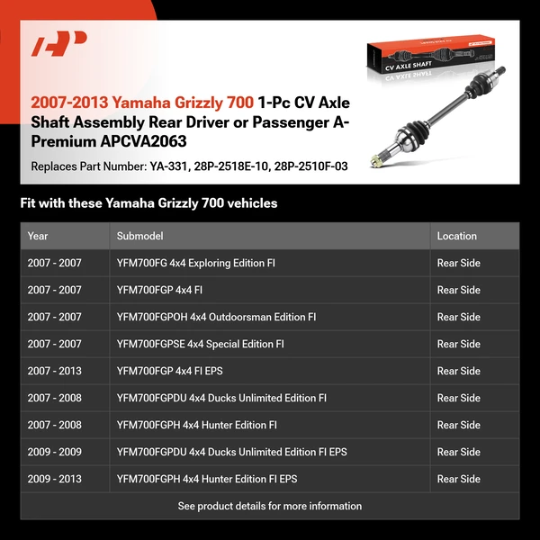 2007-2013 Yamaha Grizzly 700 1-Pc CV Axle Shaft Assembly Rear Driver or Passenger A-Premium APCVA2063