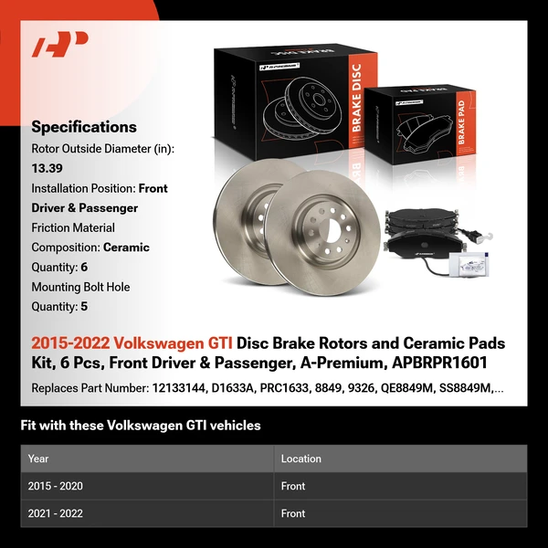 2015-2022 Volkswagen GTI Disc Brake Rotors and Ceramic Pads Kit, 6 Pcs, Front Driver & Passenger, A-Premium, APBRPR1601