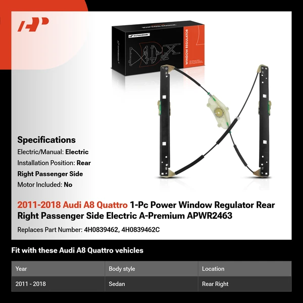 2011-2018 Audi A8 Quattro 1-Pc Power Window Regulator Rear Right Passenger Side Electric A-Premium APWR2463