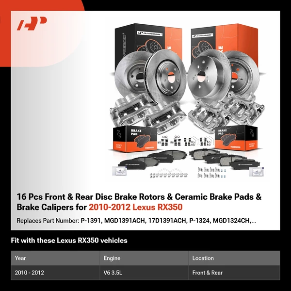 16 Pcs Front & Rear Disc Brake Rotors & Ceramic Brake Pads & Brake Calipers for 2010-2012 Lexus RX350