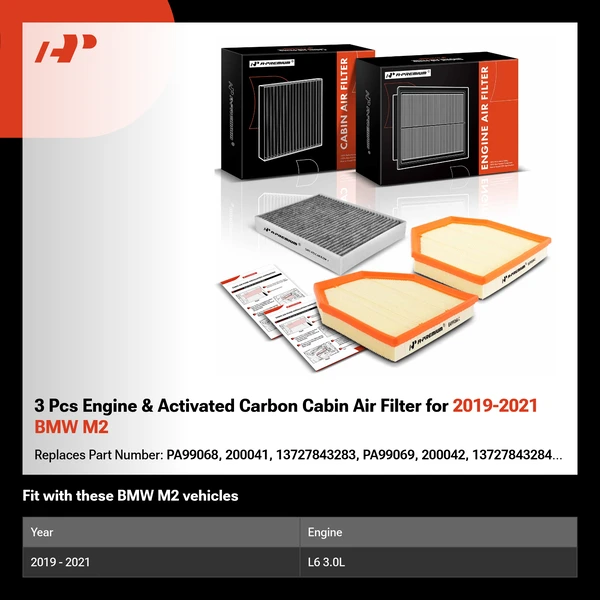 3 Pcs Engine & Activated Carbon Cabin Air Filter for 2019-2021 BMW M2