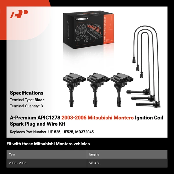 A-Premium APIC1278 2003-2006 Mitsubishi Montero Ignition Coil Spark Plug and Wire Kit
