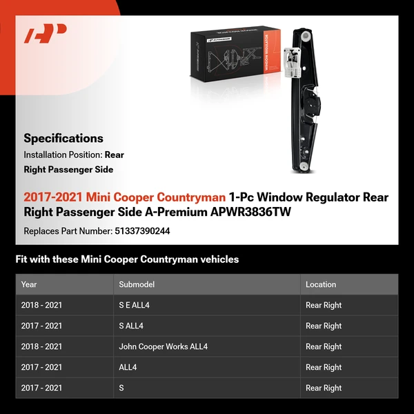 2017-2021 Mini Cooper Countryman 1-Pc Window Regulator Rear Right Passenger Side A-Premium APWR3836TW
