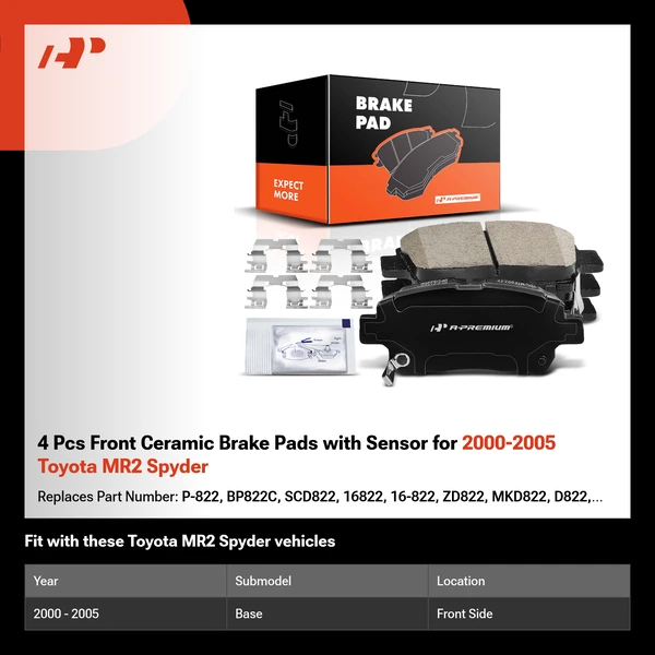 4 Pcs Front Ceramic Brake Pads with Sensor for 2000-2005 Toyota MR2 Spyder