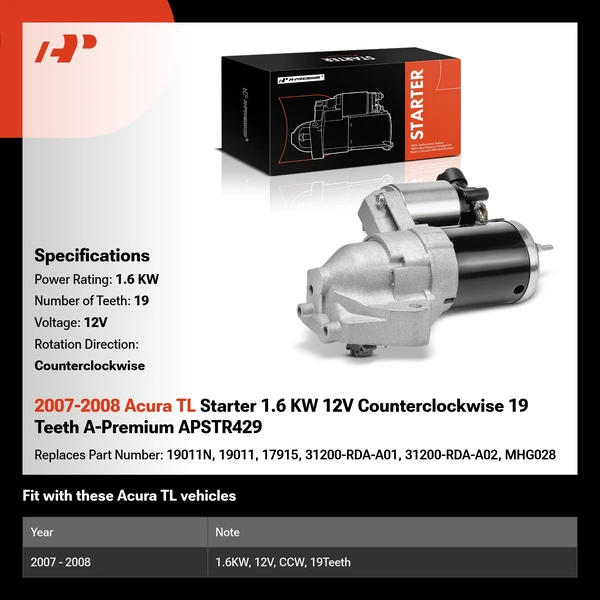 2007-2008 Acura TL Starter 1.6 KW 12V Counterclockwise 19 Teeth A-Premium APSTR429
