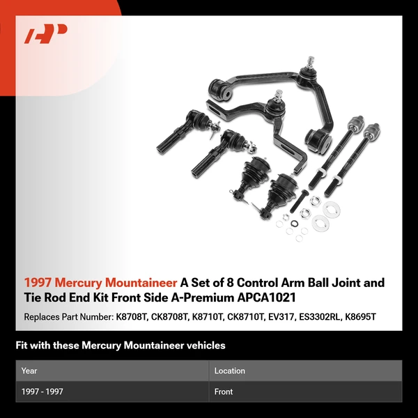 1997 Mercury Mountaineer A Set of 8 Control Arm Ball Joint and Tie Rod End Kit Front Side A-Premium APCA1021