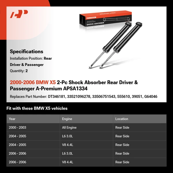 2000-2006 BMW X5 2-Pc Shock Absorber Rear Driver & Passenger A-Premium APSA1334