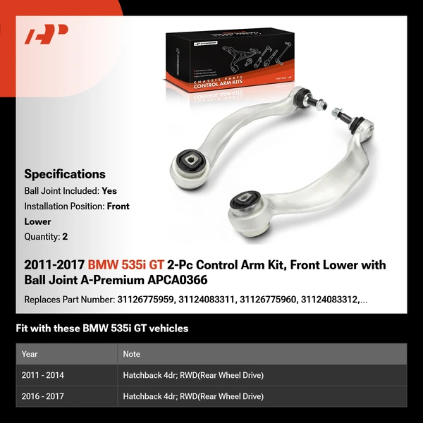 2011-2017 BMW 535i GT 2-Pc Control Arm Kit, Front Lower with Ball Joint A-Premium APCA0366