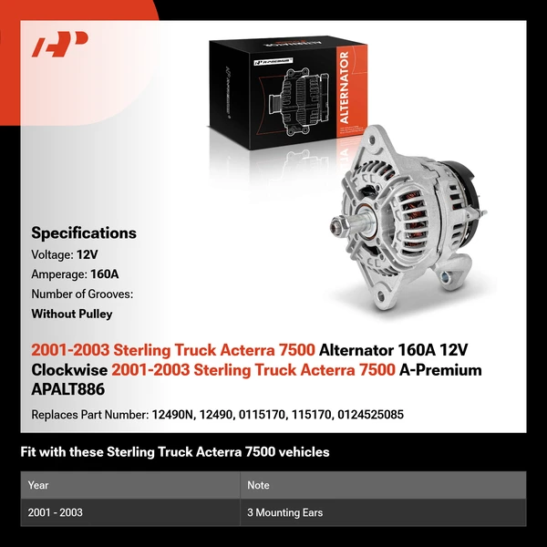 2001-2003 Sterling Truck Acterra 7500 Alternator 160A 12V Clockwise 2001-2003 Sterling Truck Acterra 7500 A-Premium APALT886