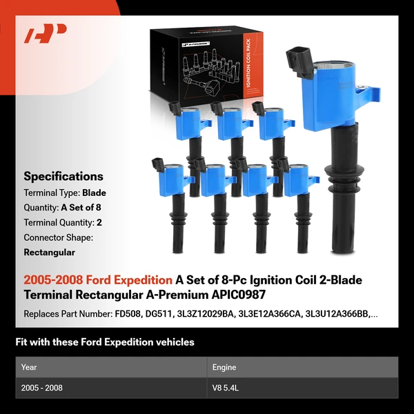 2005-2008 Ford Expedition A Set of 8-Pc Ignition Coil 2-Blade Terminal Rectangular A-Premium APIC0987
