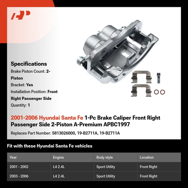 2001-2006 Hyundai Santa Fe 1-Pc Brake Caliper Front Right Passenger Side 2-Piston A-Premium APBC1997