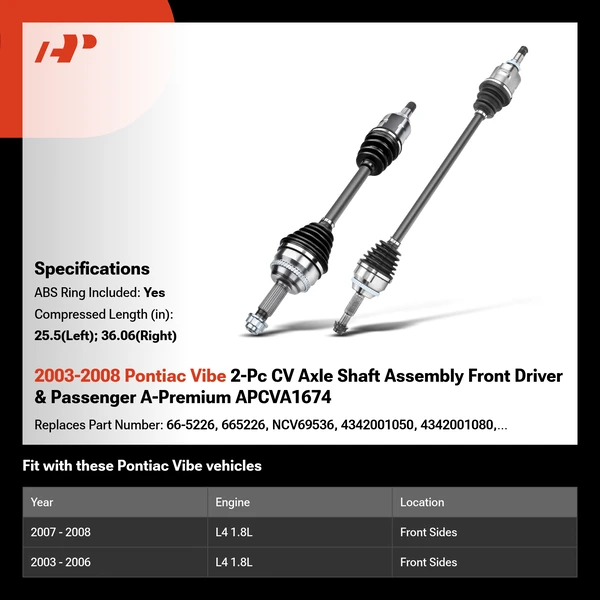 2003-2008 Pontiac Vibe 2-Pc CV Axle Shaft Assembly Front Driver & Passenger A-Premium APCVA1674