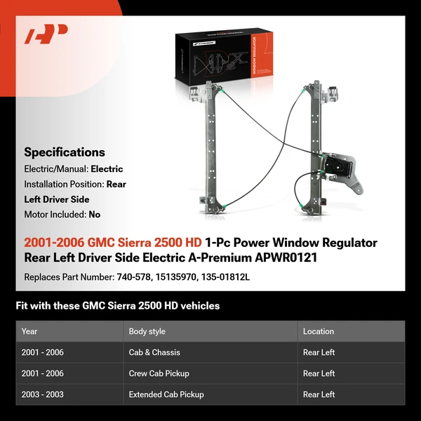 2001-2006 GMC Sierra 2500 HD 1-Pc Power Window Regulator Rear Left Driver Side Electric A-Premium APWR0121