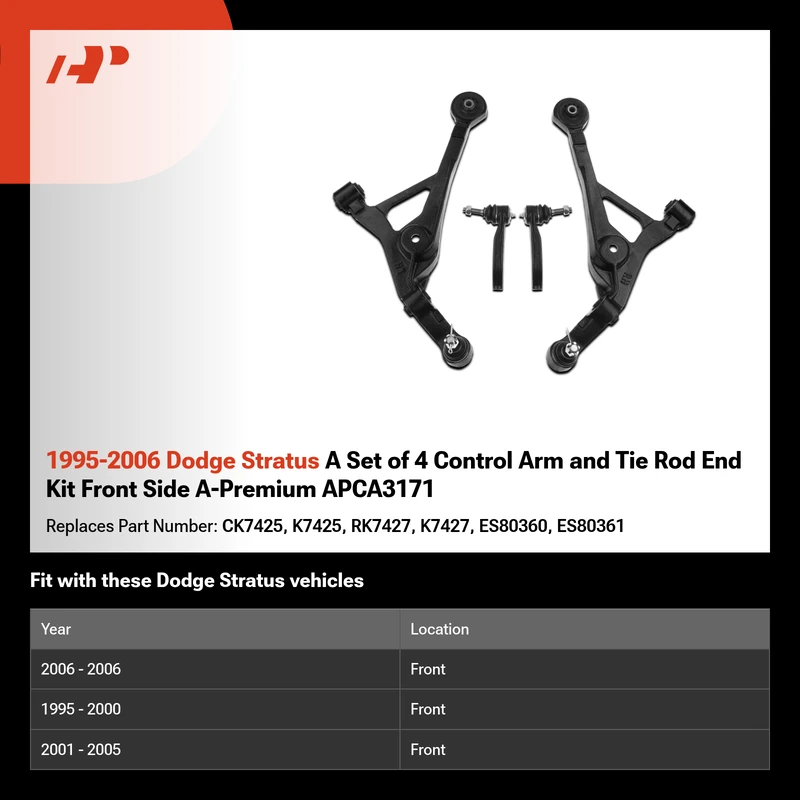 1995-2006 Dodge Stratus A Set of 4 Control Arm and Tie Rod End Kit Front Side A-Premium APCA3171