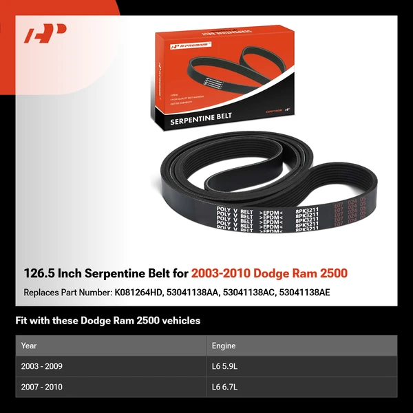 126.5 Inch Serpentine Belt for 2003-2010 Dodge Ram 2500