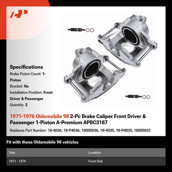 1971-1976 Oldsmobile 98 2-Pc Brake Caliper Front Driver & Passenger 1-Piston A-Premium APBC3187