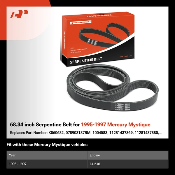68.34 inch Serpentine Belt for 1995-1997 Mercury Mystique