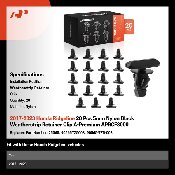 2017-2023 Honda Ridgeline 20 Pcs 5mm Nylon Black Weatherstrip Retainer Clip A-Premium APRCF3000