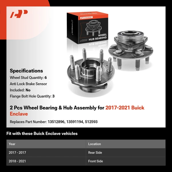 2 Pcs Wheel Bearing & Hub Assembly for 2017-2021 Buick Enclave