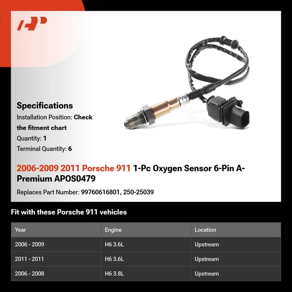 2006-2009 2011 Porsche 911 1-Pc Oxygen Sensor 6-Pin A-Premium APOS0479