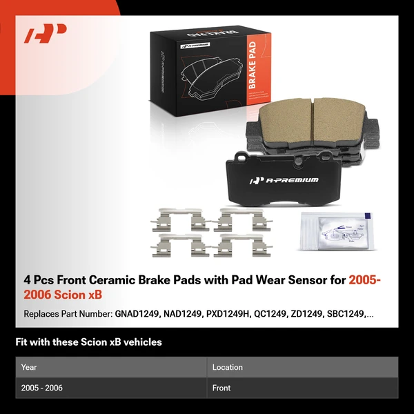 4 Pcs Front Ceramic Brake Pads with Pad Wear Sensor for 2005-2006 Scion xB