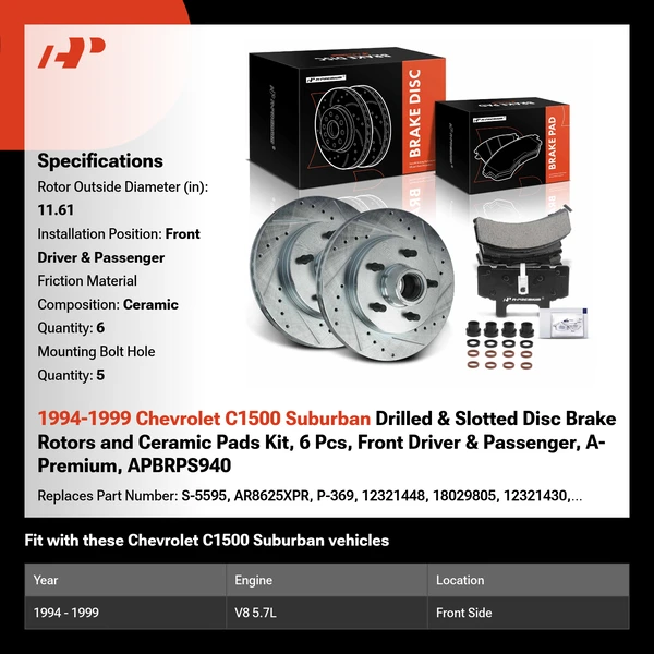 1994-1999 Chevrolet C1500 Suburban Drilled & Slotted Disc Brake Rotors and Ceramic Pads Kit, 6 Pcs, Front Driver & Passenger, A-Premium, APBRPS940
