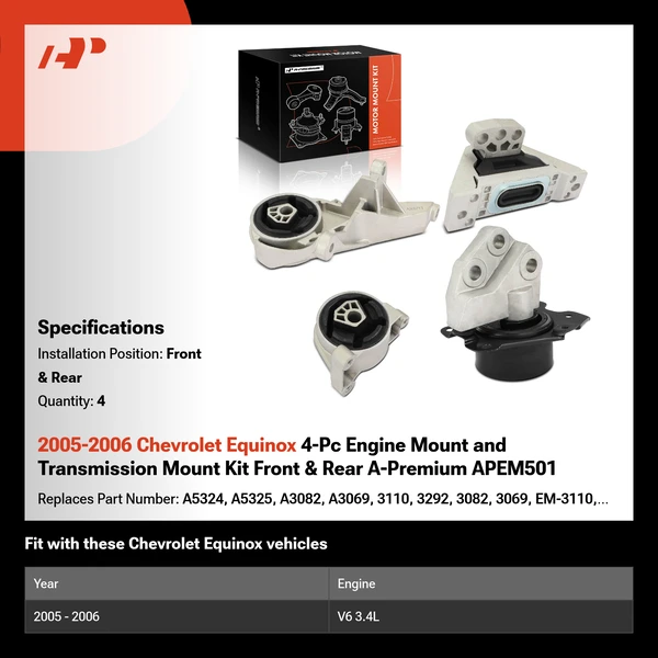 2005-2006 Chevrolet Equinox 4-Pc Engine Mount and Transmission Mount Kit Front & Rear A-Premium APEM501