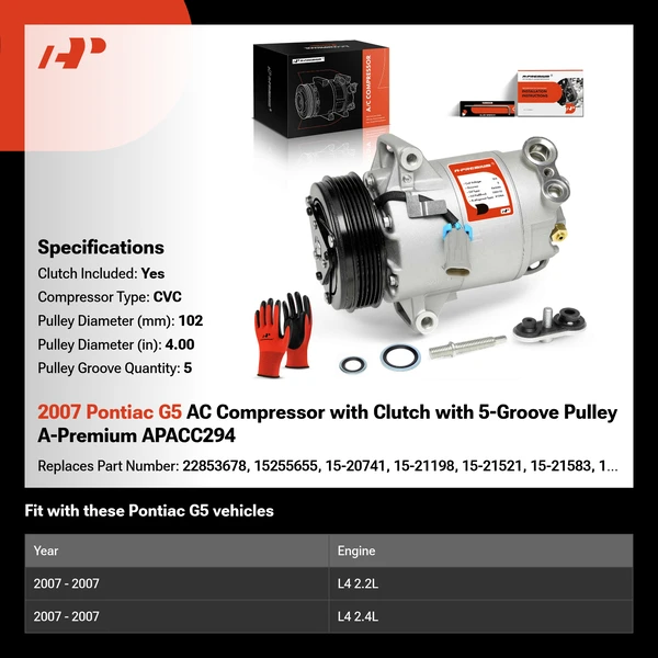 2007 Pontiac G5 AC Compressor with Clutch with 5-Groove Pulley A-Premium APACC294