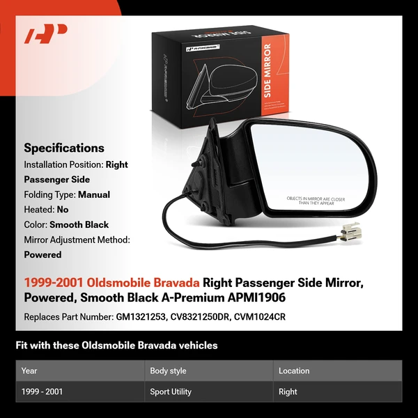 1999-2001 Oldsmobile Bravada Right Passenger Side Mirror, Powered, Smooth Black A-Premium APMI1906