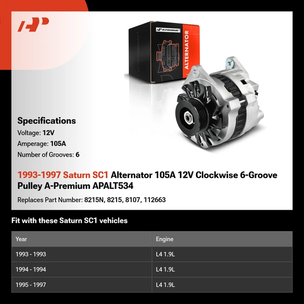 1993-1997 Saturn SC1 Alternator 105A 12V Clockwise 6-Groove Pulley A-Premium APALT534