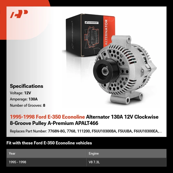 1995-1998 Ford E-350 Econoline Alternator 130A 12V Clockwise 8-Groove Pulley A-Premium APALT466