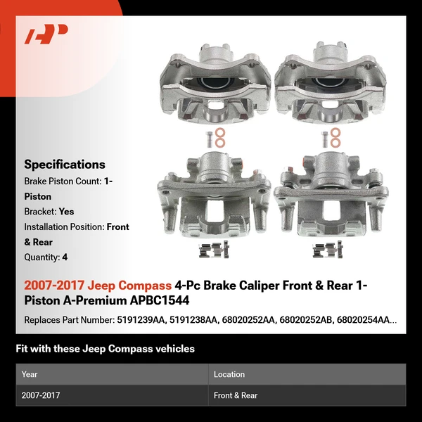2007-2017 Jeep Compass 4-Pc Brake Caliper Front & Rear 1-Piston A-Premium APBC1544