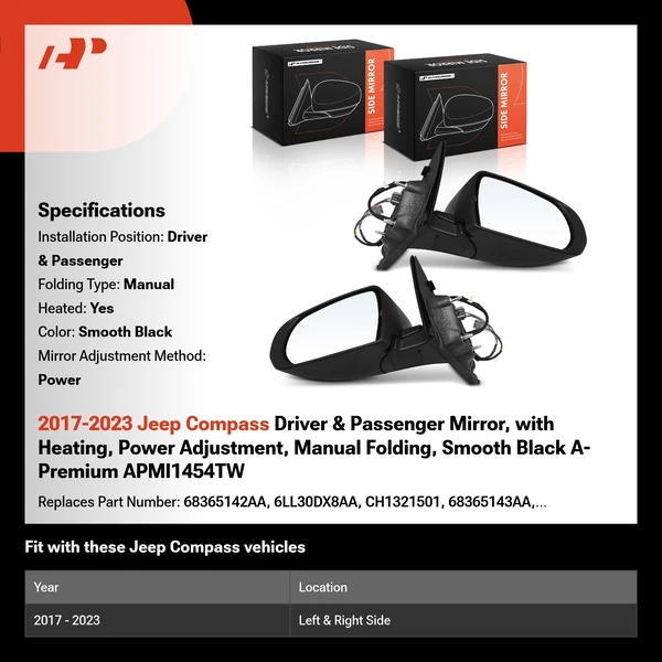 2017-2023 Jeep Compass Driver & Passenger Mirror, with Heating, Power Adjustment, Manual Folding, Smooth Black A-Premium APMI1454TW