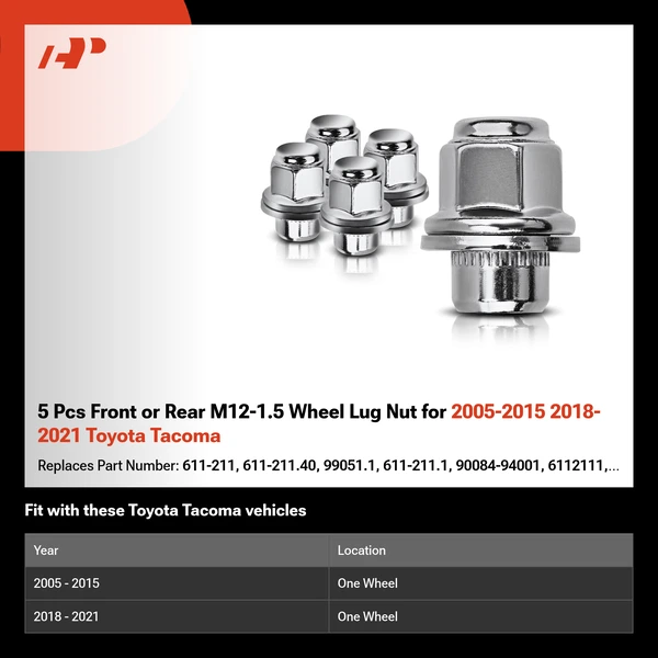 5 Pcs Front or Rear M12-1.5 Wheel Lug Nut for 2005-2015 2018-2021 Toyota Tacoma