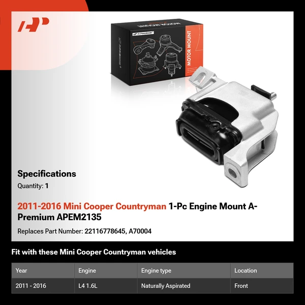 2011-2016 Mini Cooper Countryman 1-Pc Engine Mount A-Premium APEM2135