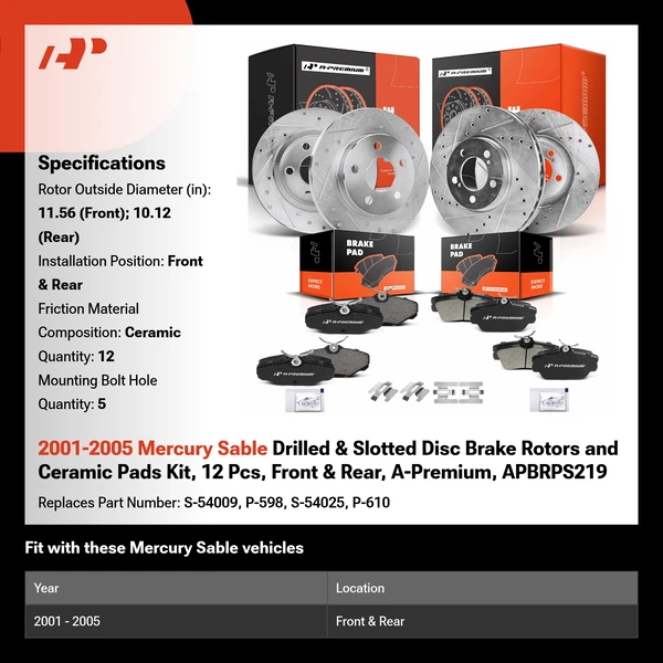 2001-2005 Mercury Sable Drilled & Slotted Disc Brake Rotors and Ceramic Pads Kit, 12 Pcs, Front & Rear, A-Premium, APBRPS219